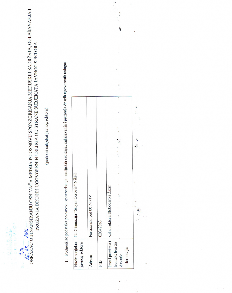 Obrazac o finansiranju osnivača medija po osnovu sponzorisanja medijskih sadržaja